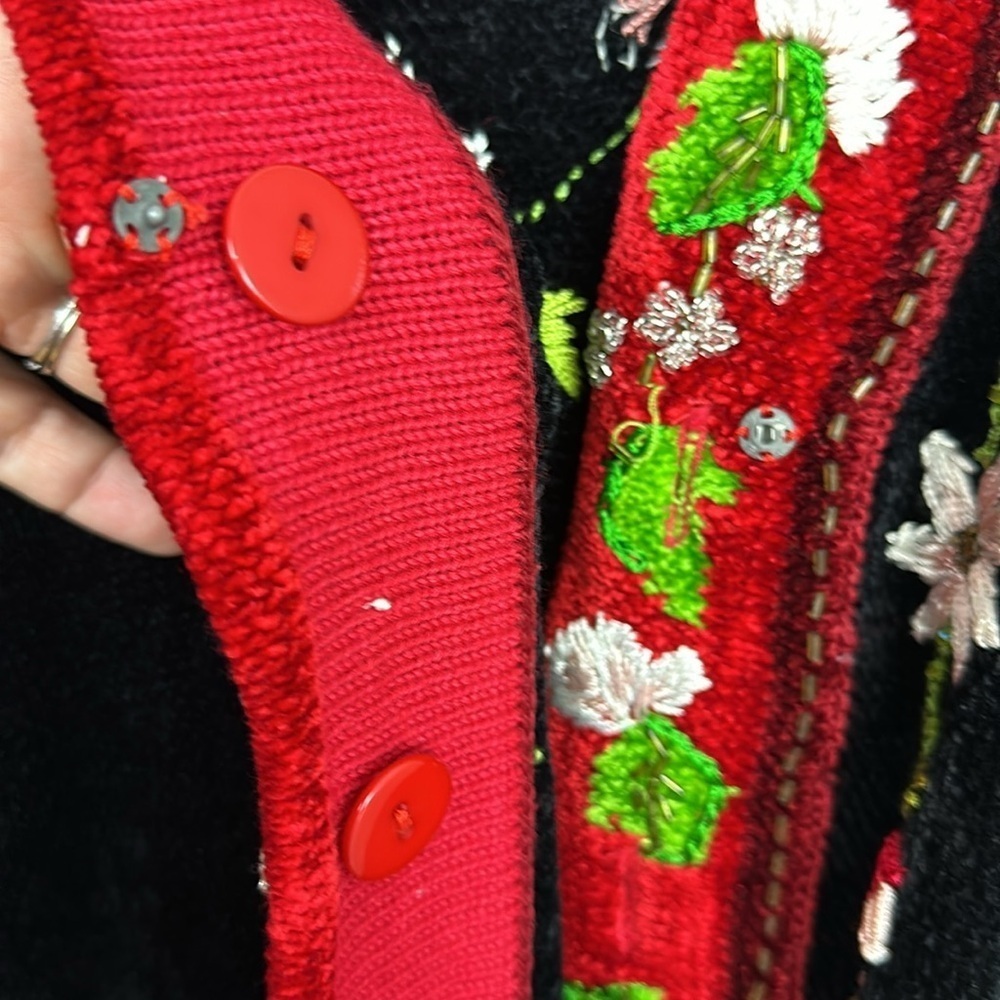 Vintage Chenille Holiday Decor Beaded Embroidered Christmas Cardigan Sz L - Picture 6 of 12